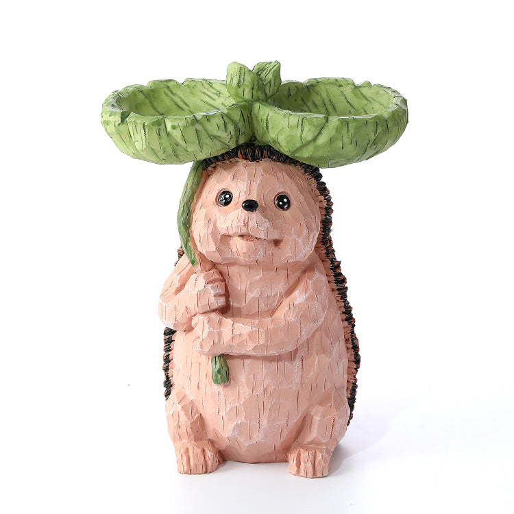 Garden Resin Decoration Hedgehog Holding Leaves And Bird Feeding Ornaments Creative Hedgehog Resin Statue Bird Feeder